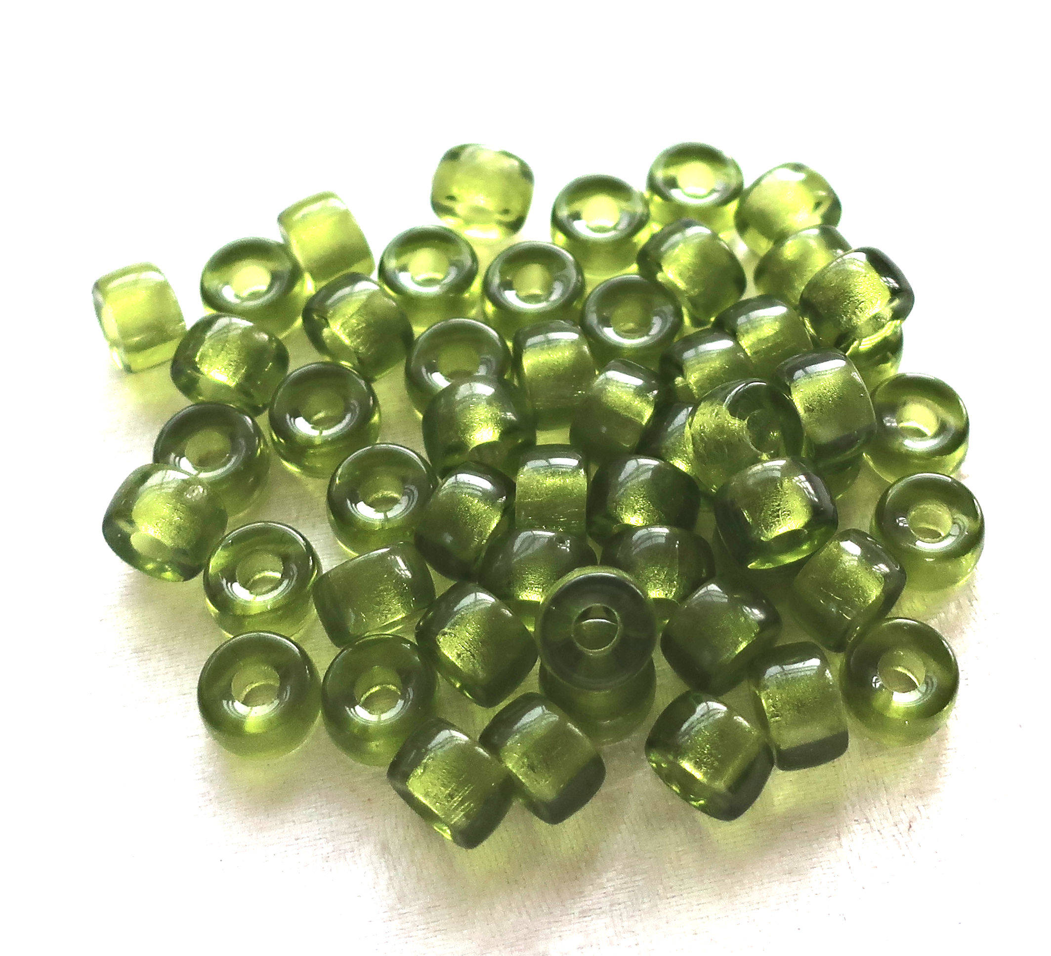 Lot of 25 9mm Green Olivine Czech glass pony or roller beads, large hole crow beads, C0401 - Glorious Glass Beads