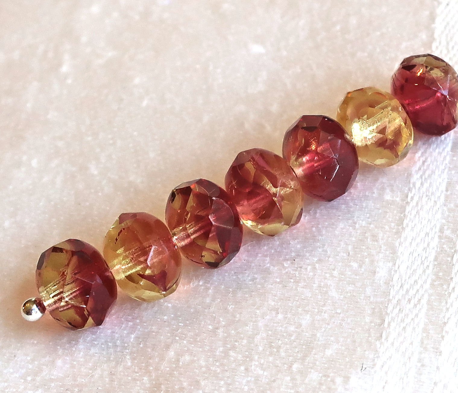 25 Czech glass faceted puffy rondelles, 6 x 8mm transparent champagne yellow & deep pink mix, rondelle beads on sale 57101 - Glorious Glass Beads