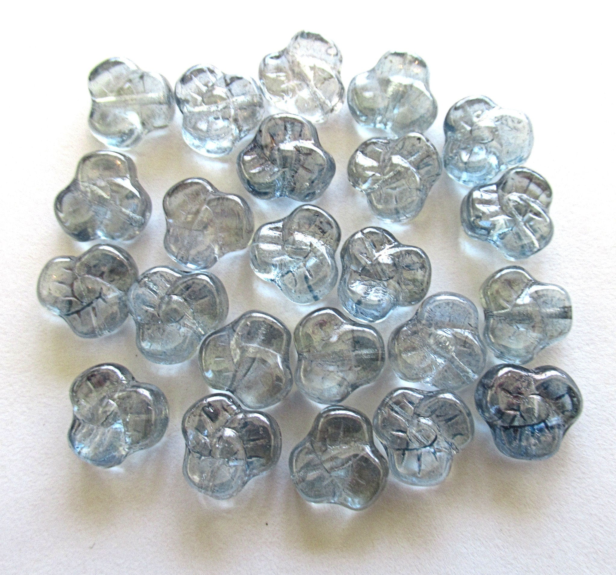 Lot of 25 9mm Czech glass pansy beads - flat transparent lumi blue flower beads C00411