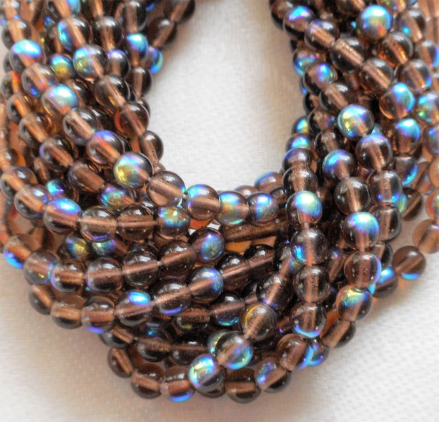 Lot of 100 4mm Smokey Topaz AB Czech glass druk beads, brown AB smooth round druks, C7601 - Glorious Glass Beads