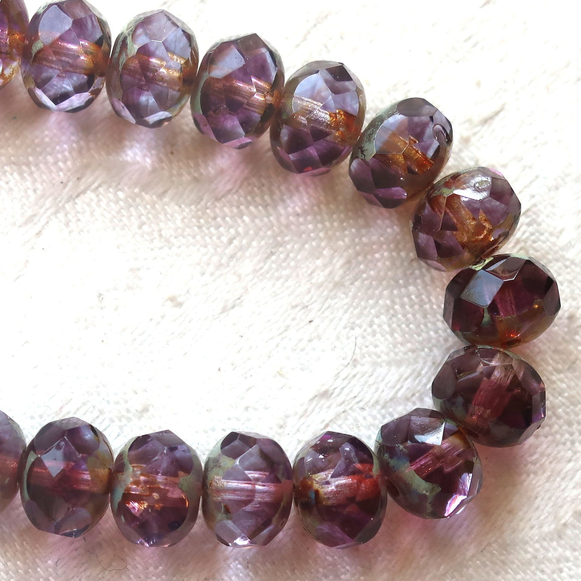 Lot of 25 Czech glass faceted puffy rondelles, 6 x 8mm transparent marbled amethyst, purple & lavender picasso, rondelle beads 00301 - Glorious Glass Beads