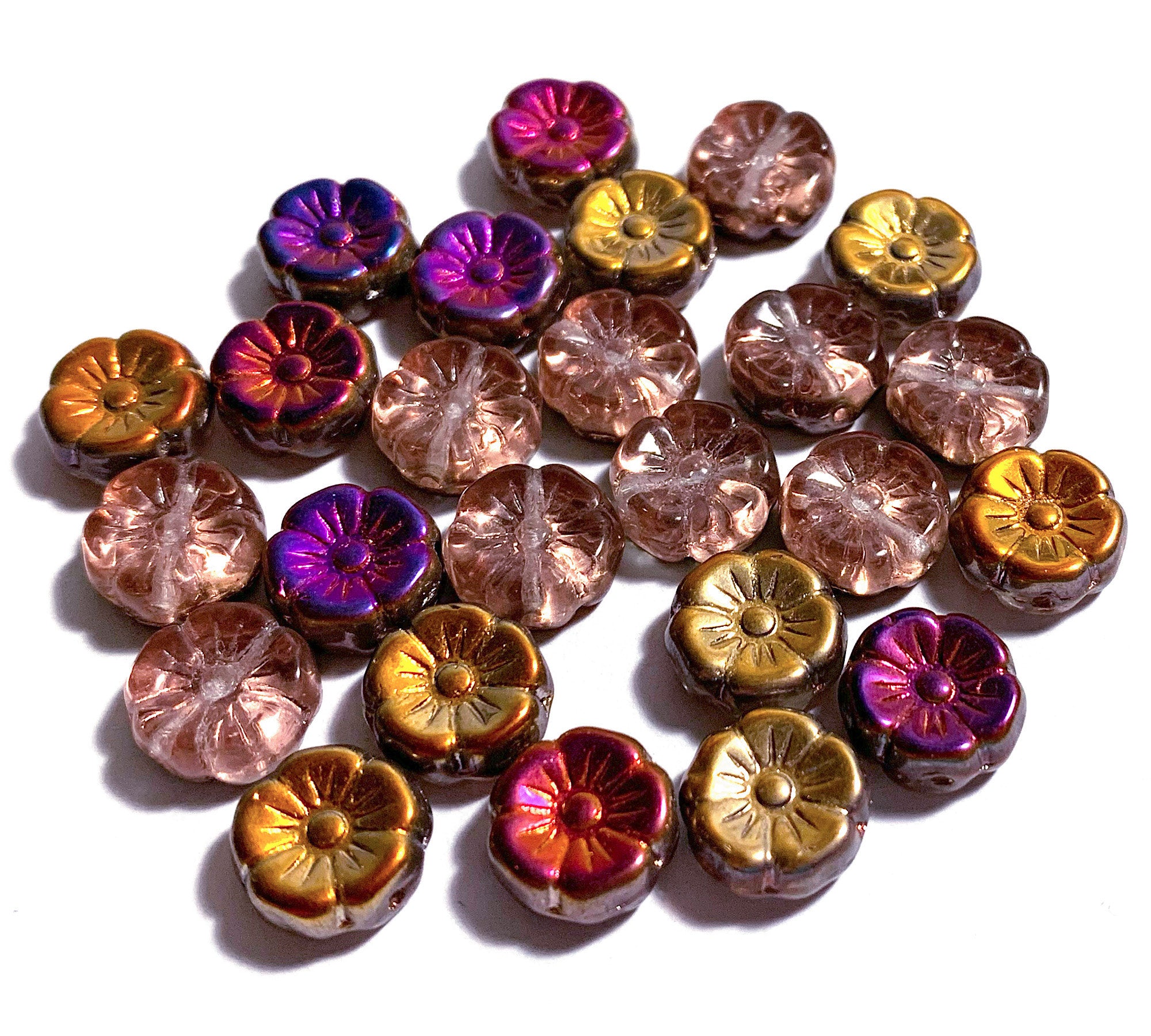 Ten 12mm Czech glass flower beads - pink, purple, orange, and gold AB pressed glass flowers - C0111