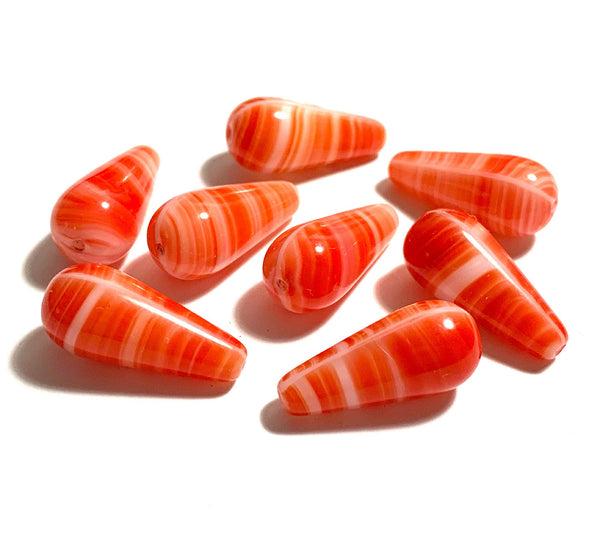Six large Czech glass teardrop beads -  9 x 20mm red / orange and white striped drop or pear beads - C0056