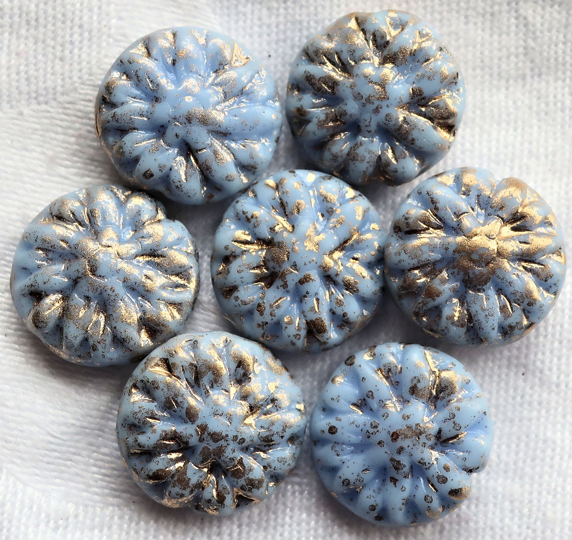 Five Czech glass Dahlia flower beads, Opaque Sky Blue with gold spatter - 14mm floral disc or coin beads C0905