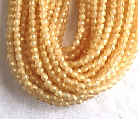 Lot of 50 4mm Sueded Gold Lame Czech glass beads, light amber faceted, round, firepolished beads with a frosted gold finish C9601 - Glorious Glass Beads