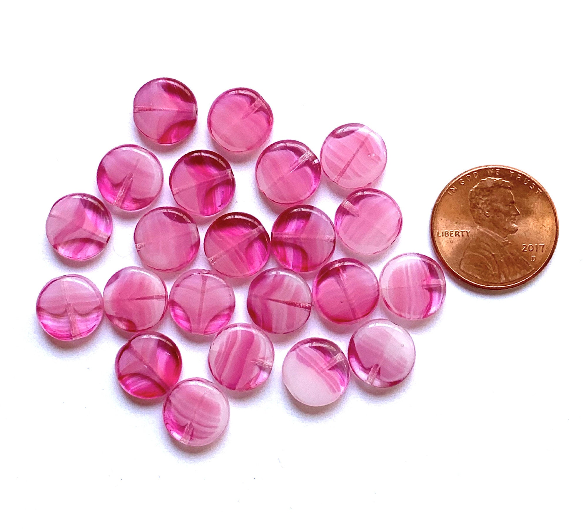 15 Czech glass coin beads - 10mm pink marbled, milky, striped disc beads C0057