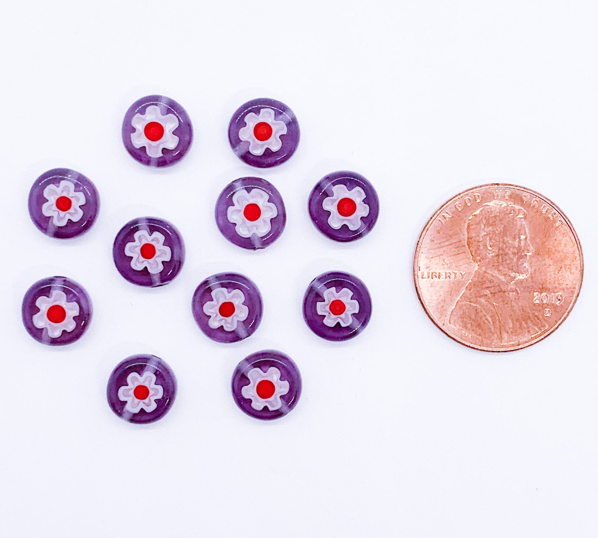 Ten 8mm cane or millefiori glass beads - purple red and white coin or disc beads - C0008