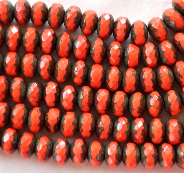 25 6 x 9mm Czech Coral (red / orange) Picasso Faceted Puffy Rondelle Beads, coral colored Czech glass beads C14201