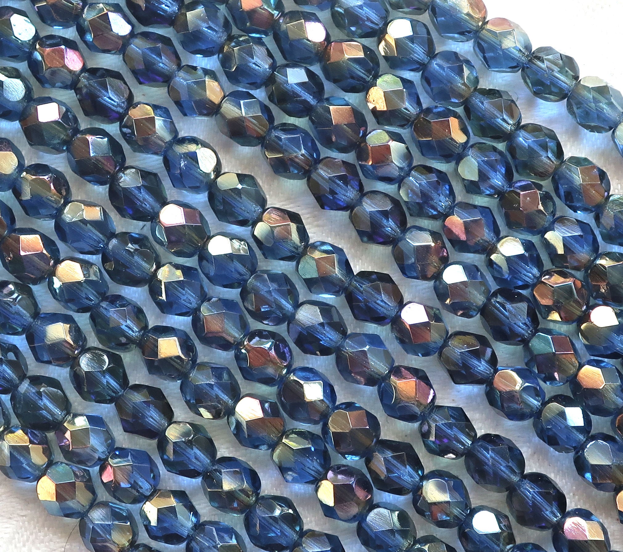 25 6mm Czech Czech glass beads, Sapphire Blue Celsian faceted fire polished round beads, C3501