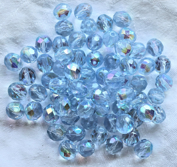 25 8mm Czech glass beads, Extra Light Blue Sapphire AB, firepolished faceted round beads C5625