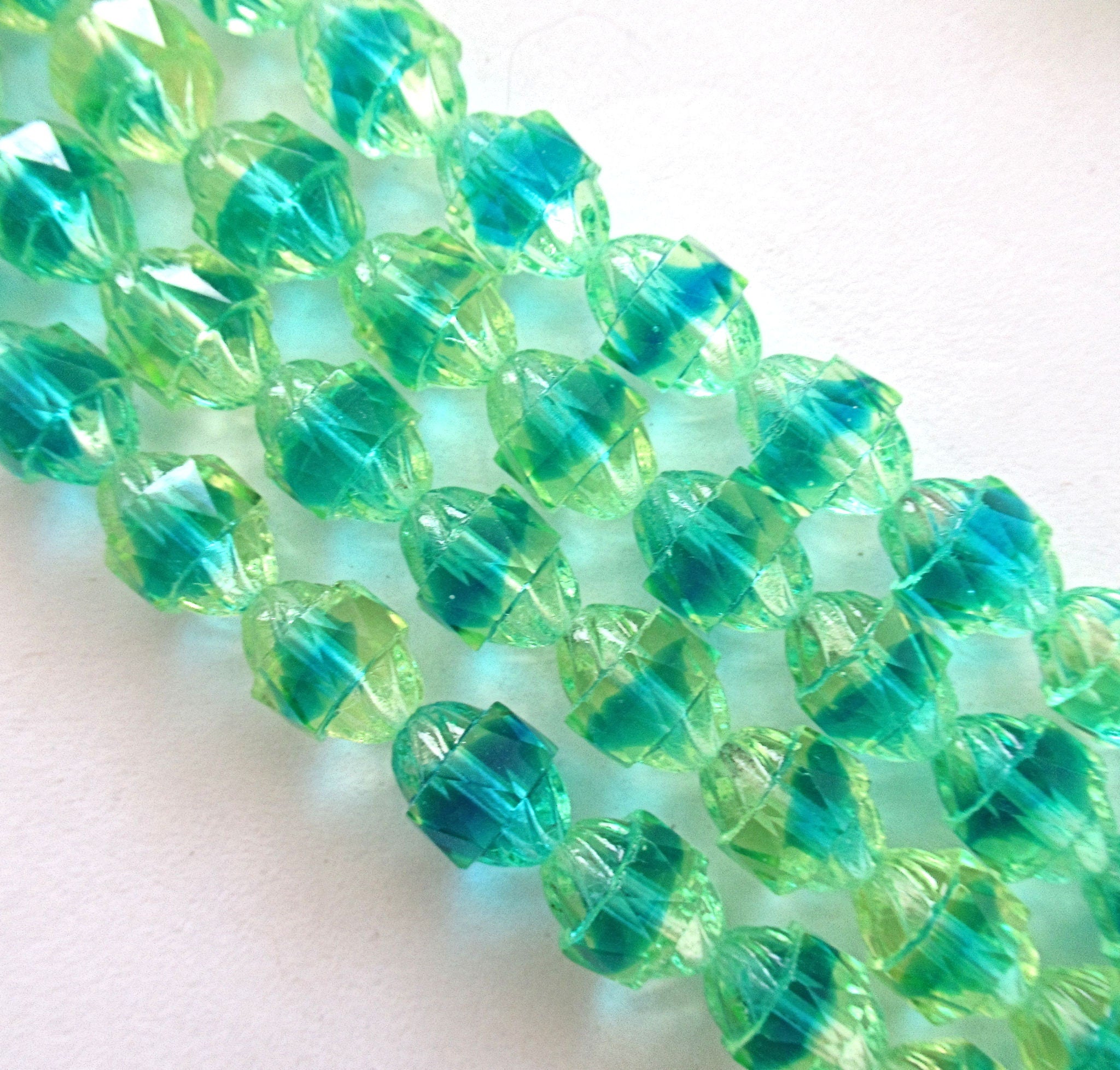 Ten Czech glass turbine beads - 10 x 8mm light green & aqua blue mix faceted fire polished beads C00002