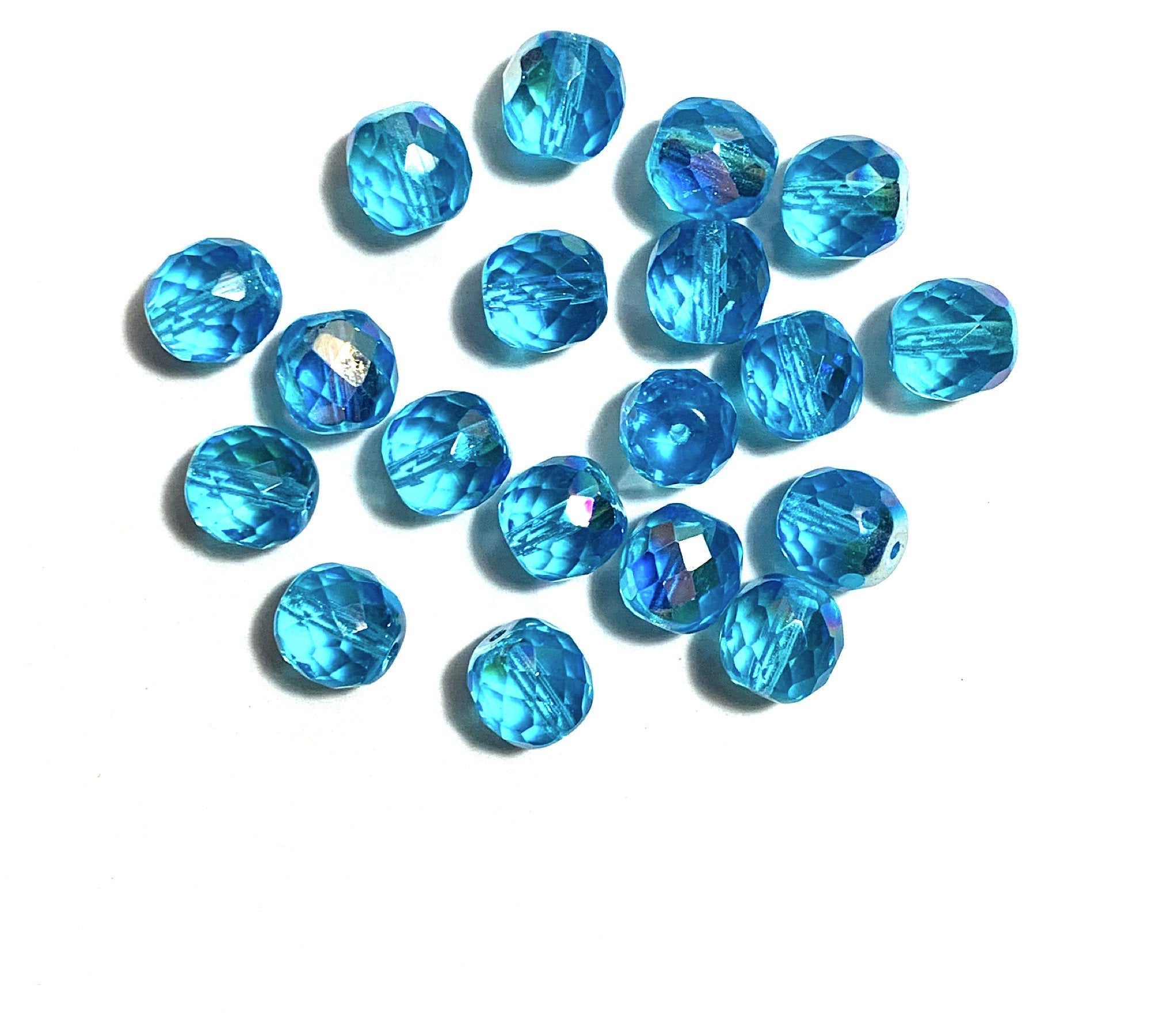Twenty Czech glass fire polished faceted round beads - 10mm aqua blue AB beads C0088