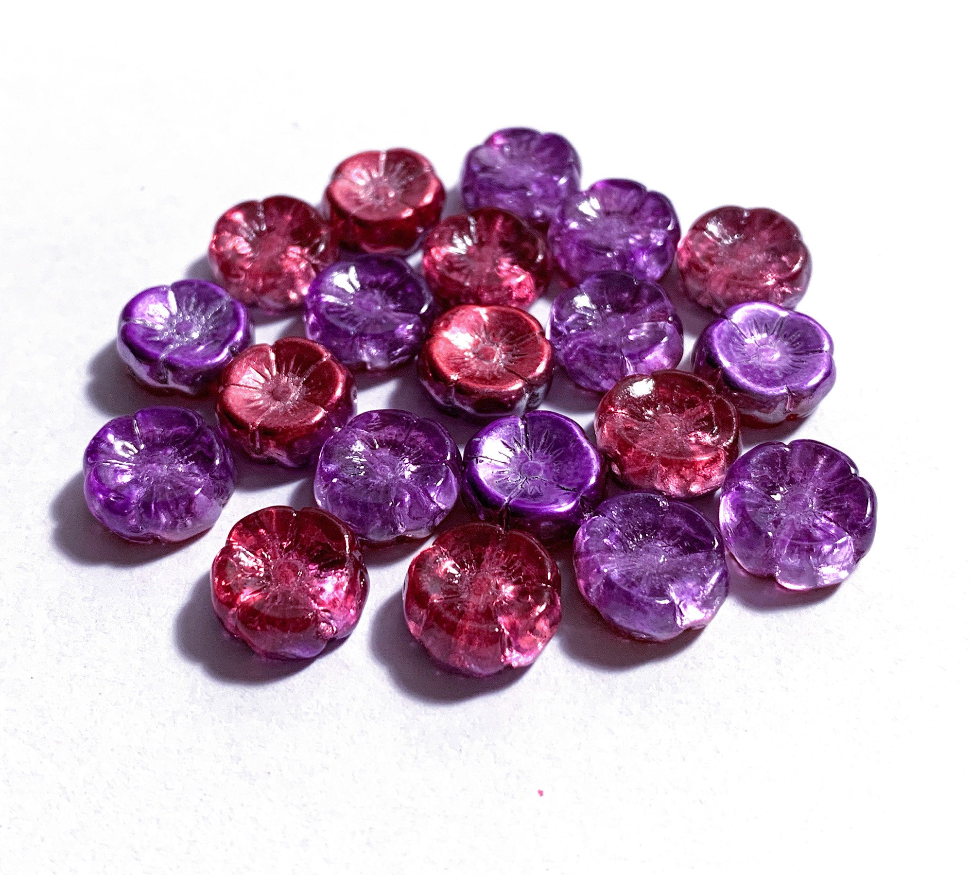 Ten 12mm Czech glass flower beads - pink and purple AB pressed glass flowers - C0111