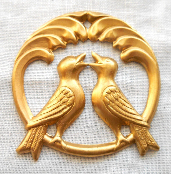 Raw brass stamping, two perched love birds, charm, pendant, connector,  37mm in diameter, made in the USA C4801