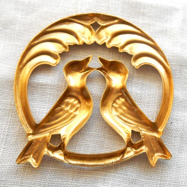 Raw brass stamping, two perched love birds, charm, pendant, connector,  37mm in diameter, made in the USA C4801 - Glorious Glass Beads