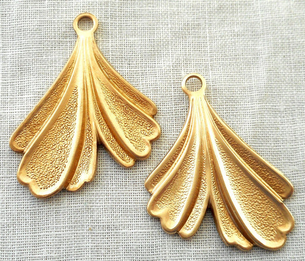 Two raw brass leaf stampings, art nouveau, deco, retro, stylized Ginko leaves, pendants, charms, earrings 32mm in by 25mm, USA made, 3802