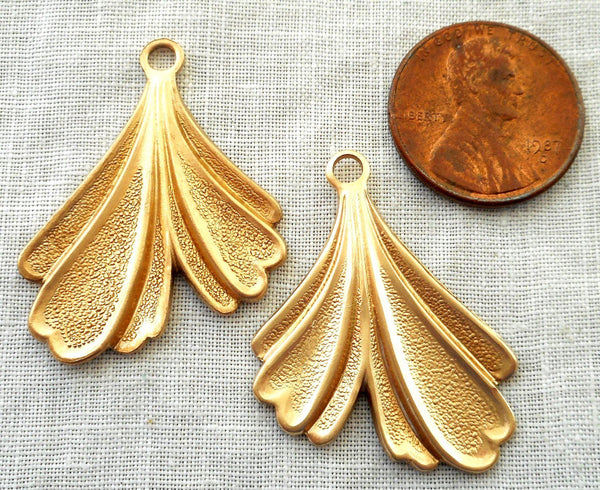 Two raw brass leaf stampings, art nouveau, deco, retro, stylized Ginko leaves, pendants, charms, earrings 32mm in by 25mm, USA made, 3802 - Glorious Glass Beads