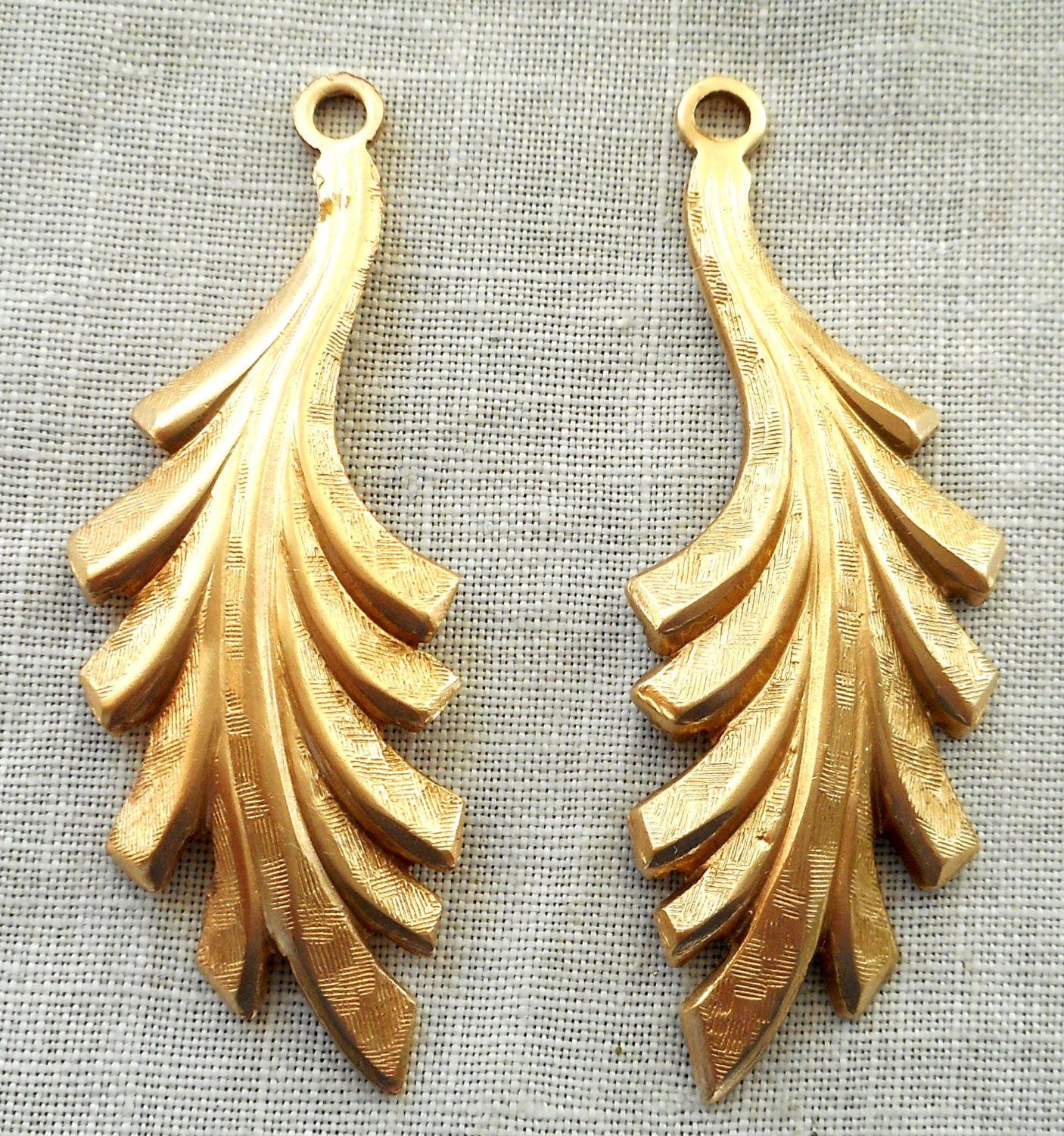 Two raw brass leaf stampings, art nouveau, pendants, charms, earrings 45mm by 16mm, USA made, 5702 - Glorious Glass Beads