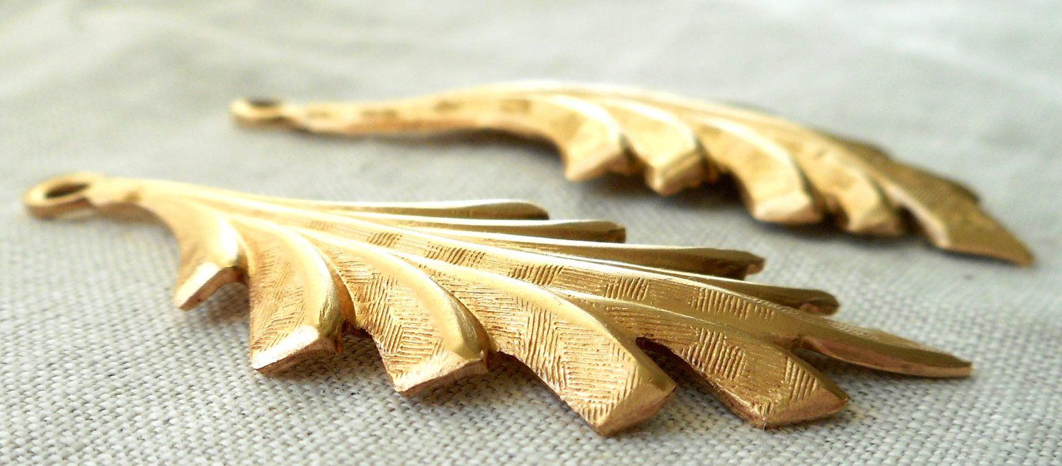 Two raw brass leaf stampings, art nouveau, pendants, charms, earrings 45mm by 16mm, USA made, 5702 - Glorious Glass Beads