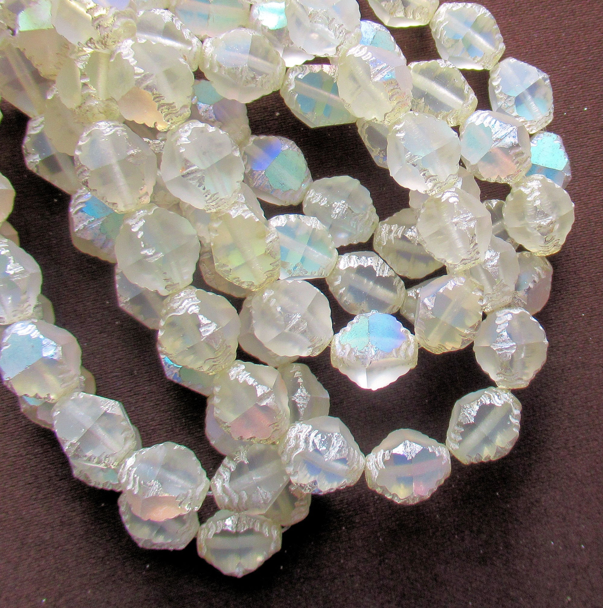 Lot of 15 Czech glass bicones - frosted crystal white AB with accents - carved faceted 8 x 10mm large bicone beads, C51301
