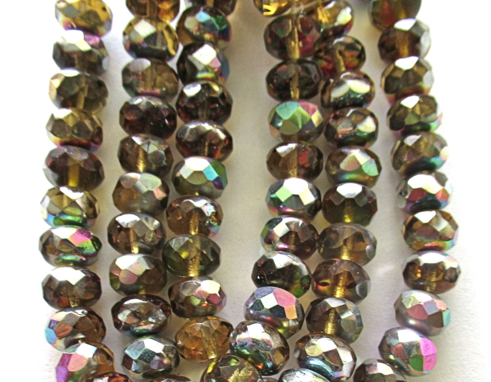 Lot of 30 Czech glass puffy rondelle beads - amber / topaz / brown vitral rondelles - 6 x 9mm fire polished faceted beads- 00012