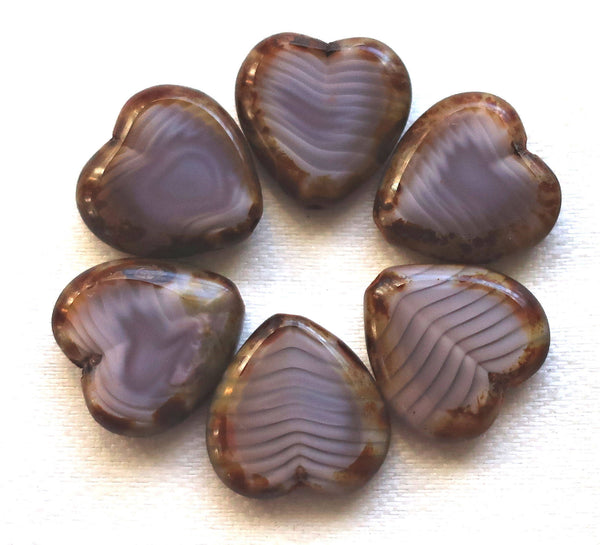 Six Czech glass heart beads; 16mm table cut, marbled silk, satin opaque purple, amethyst hearts with a picasso finish C6906