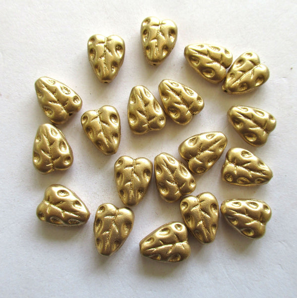 Twenty Czech glass leaf beads - 12 x 9mm matte metallic gold textured center drilled leaves - C00801