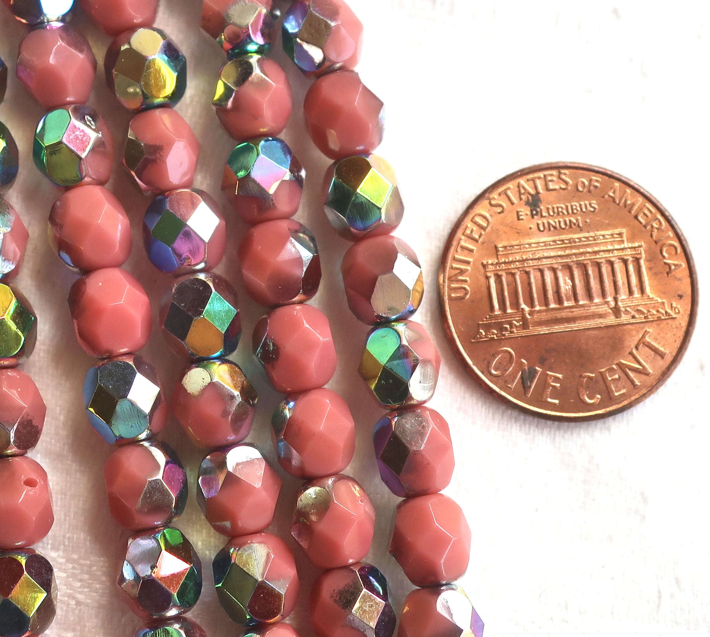 Lot of 25 6mm Czech glass beads, opaque pink vitral firepolished, faceted round beads, C8725 - Glorious Glass Beads