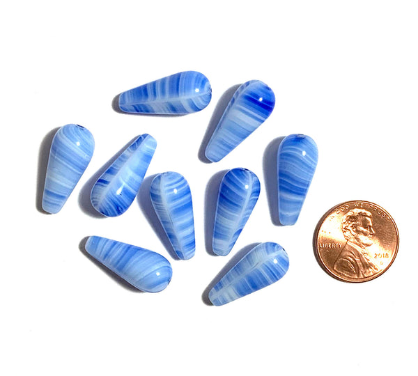 Six large Czech glass teardrop beads - 9 x 20mm blue and white striped drop or pear beads - C0017