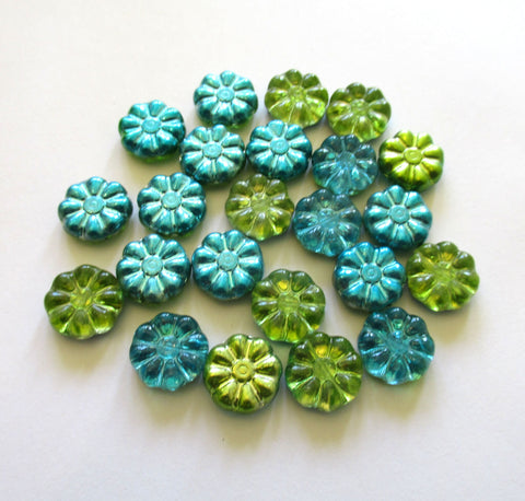 Ten 12mm Czech glass flower beads - metallic blue and green pressed glass flowers - C0089