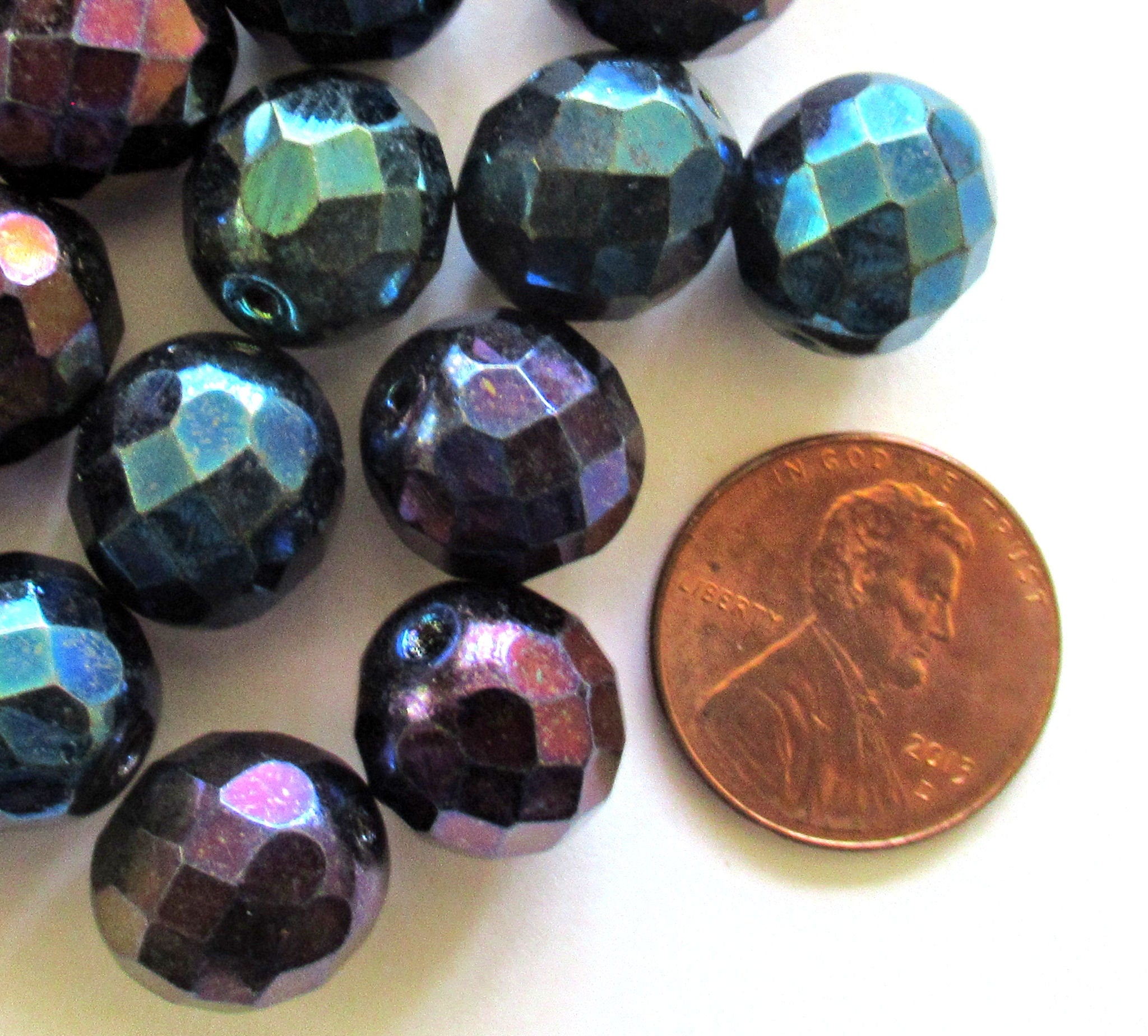 Ten Czech glass fire polished faceted round beads - 12mm blue iris beads C0087