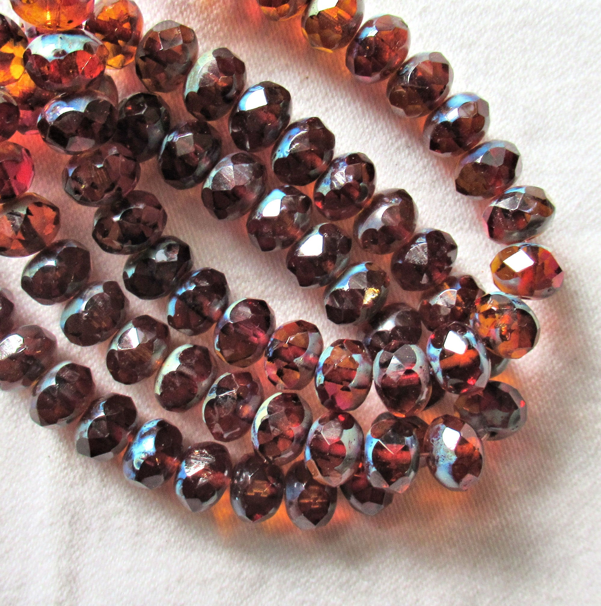 Lot of 25 Czech glass puffy rondelle beads - 6 x 8mm brown / dark smoky topaz & pink color mix faceted rondelles C52325