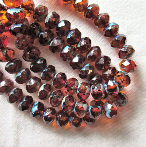 Lot of 25 Czech glass puffy rondelle beads - 6 x 8mm brown / dark smoky topaz & pink color mix faceted rondelles C52325
