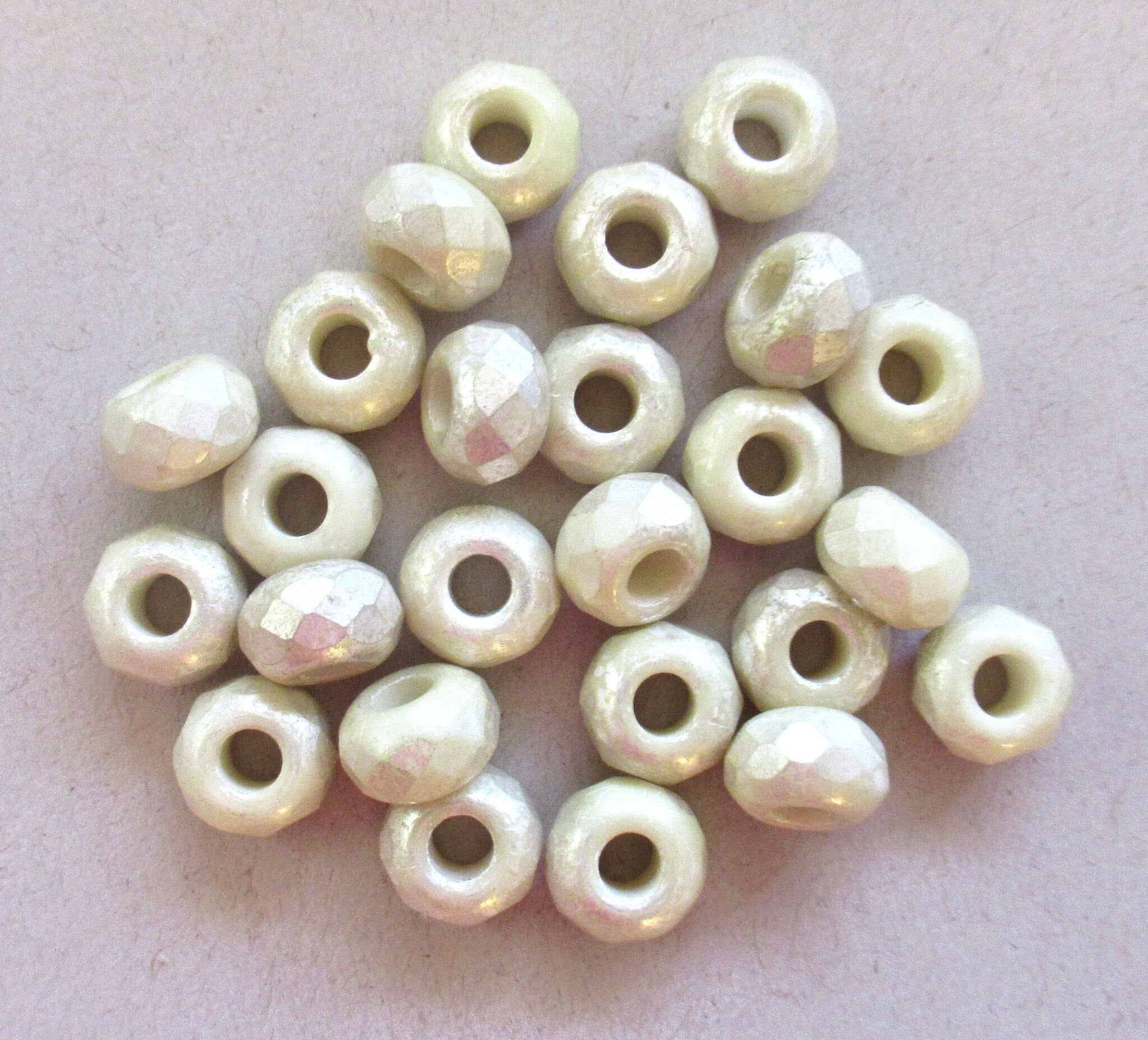 Ten Czech glass roller beads - 6 x 9mm off white or ecru w/ a silvery mercury finish faceted roller, rondelle, big 3.5mm hole beads C0099