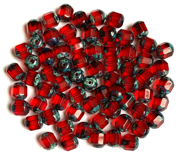 15 Czech glass faceted cathedral or barrel beads six sides - 8mm fire polished Siam red beads with picasso finish on the ends C0075