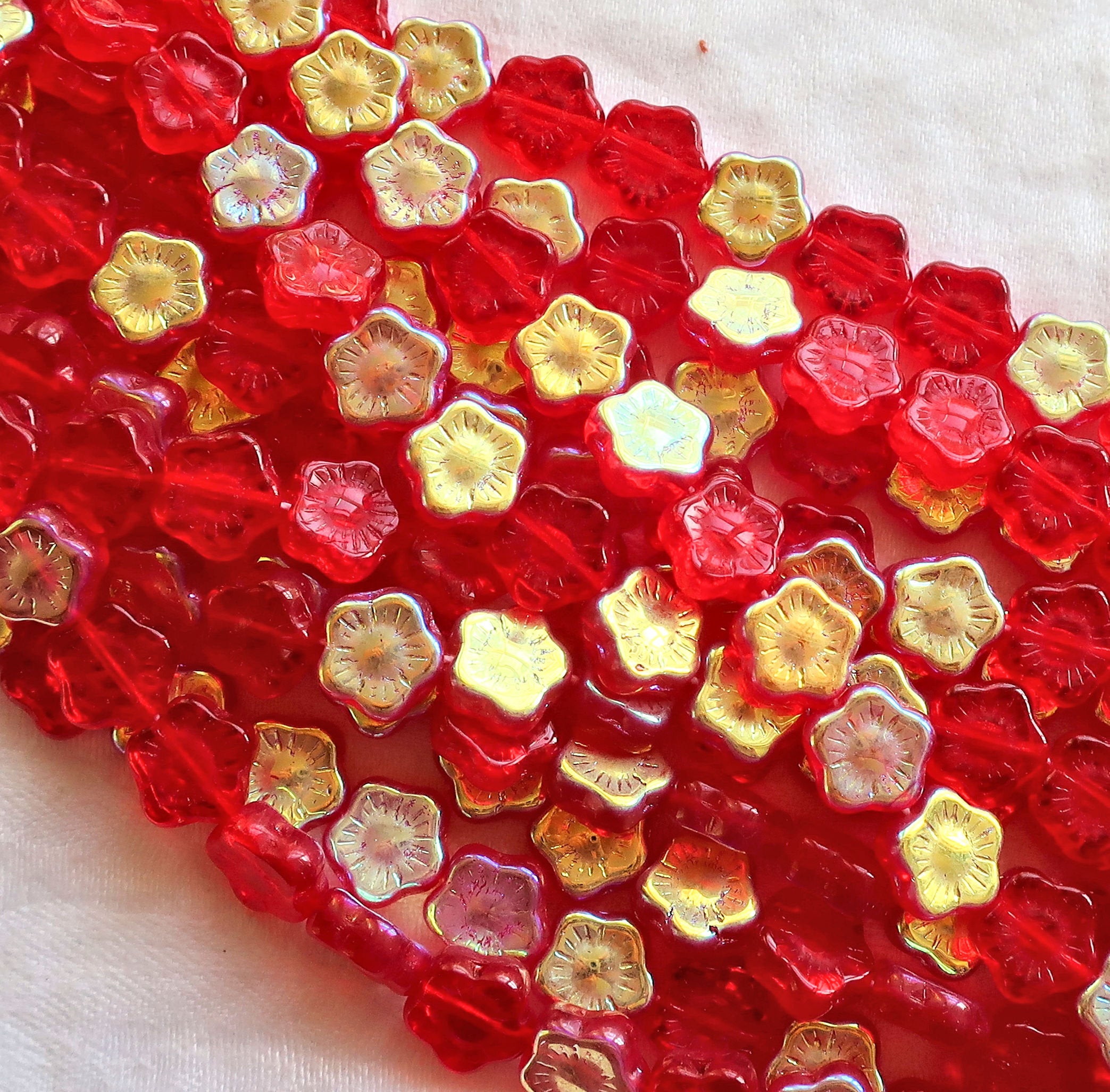 Lot of 25 10mm Czech glass flower beads - bright Siam Red AB - pressed glass floral beads, C9701 - Glorious Glass Beads