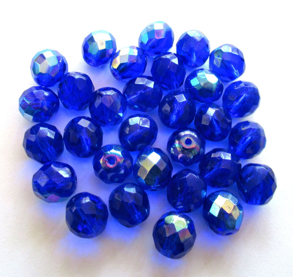 Twenty 10mm Czech glass beads - cobalt blue AB fire polished faceted round beads C00501