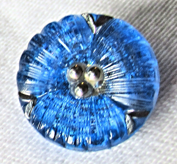 One 18mm Czech glass flower button -sapphire blue flower with silver accents - decorative floral shank buttons 08101
