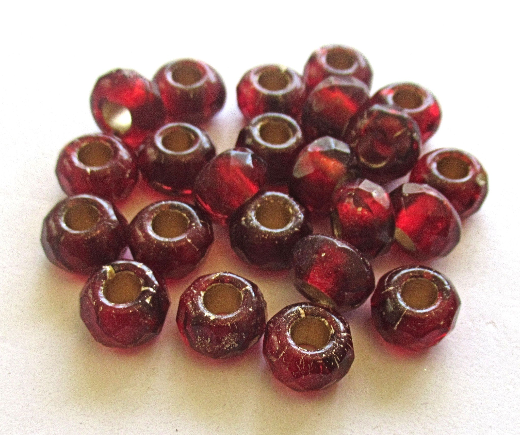 Ten Czech glass roller beads - 6 x 9mm ruby red gold lined, faceted roller, rondelle beads - big 3.5mm hole beads C00621