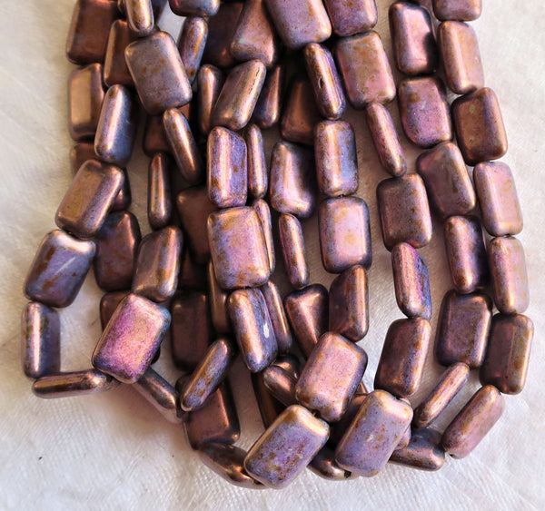 Ten Czech glass rectangular beads - opaque amethyst, purple luster rectangle beads - 12mm x 8mm, C6901