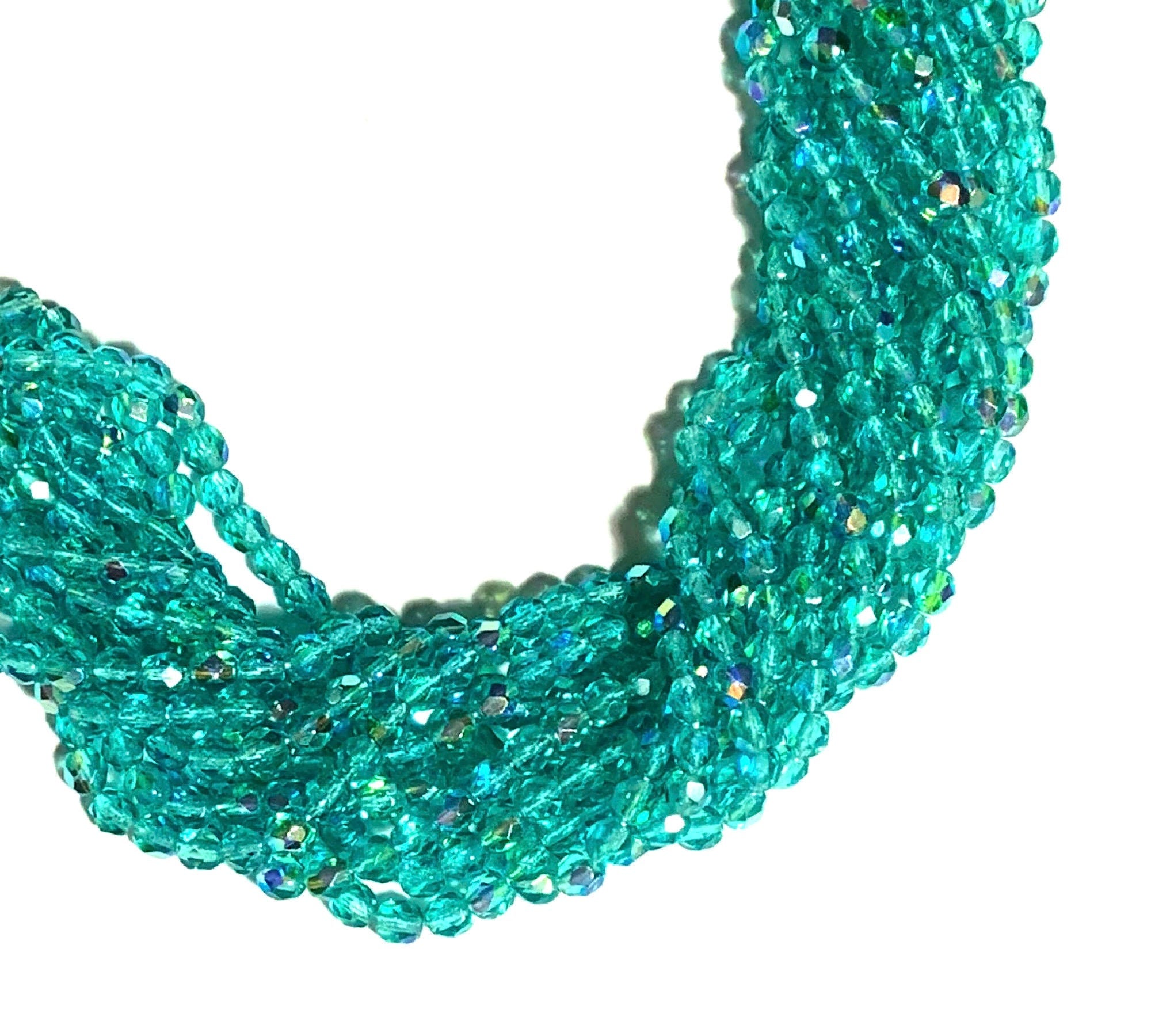 50 4mm light teal blue green AB Czech glass beads, round, faceted fire polished beads C0055