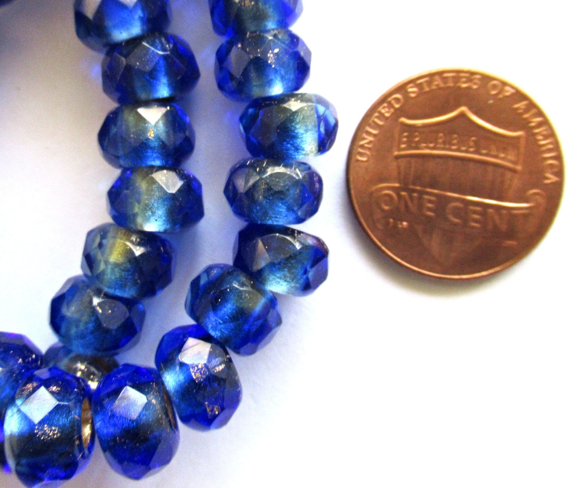 Ten Czech glass roller beads - 6 x 9mm sapphire blue gold lined, faceted roller, rondelle, big 3.5mm hole beads C00621
