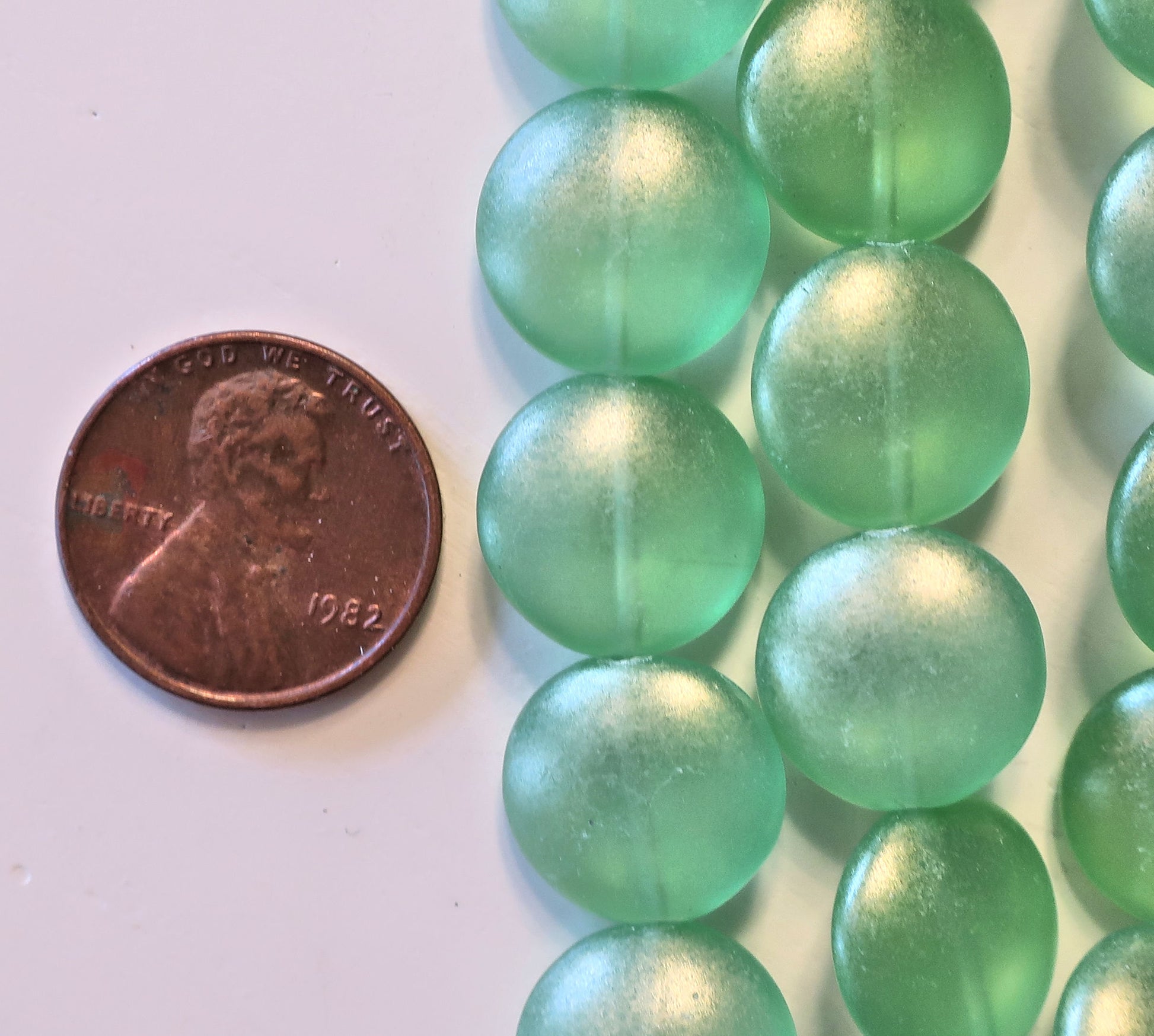 Lot of 8 Czech glass coin beads - 14mm puffy pillow beads - Sueded Gold Peridot Green - C40101 - Glorious Glass Beads