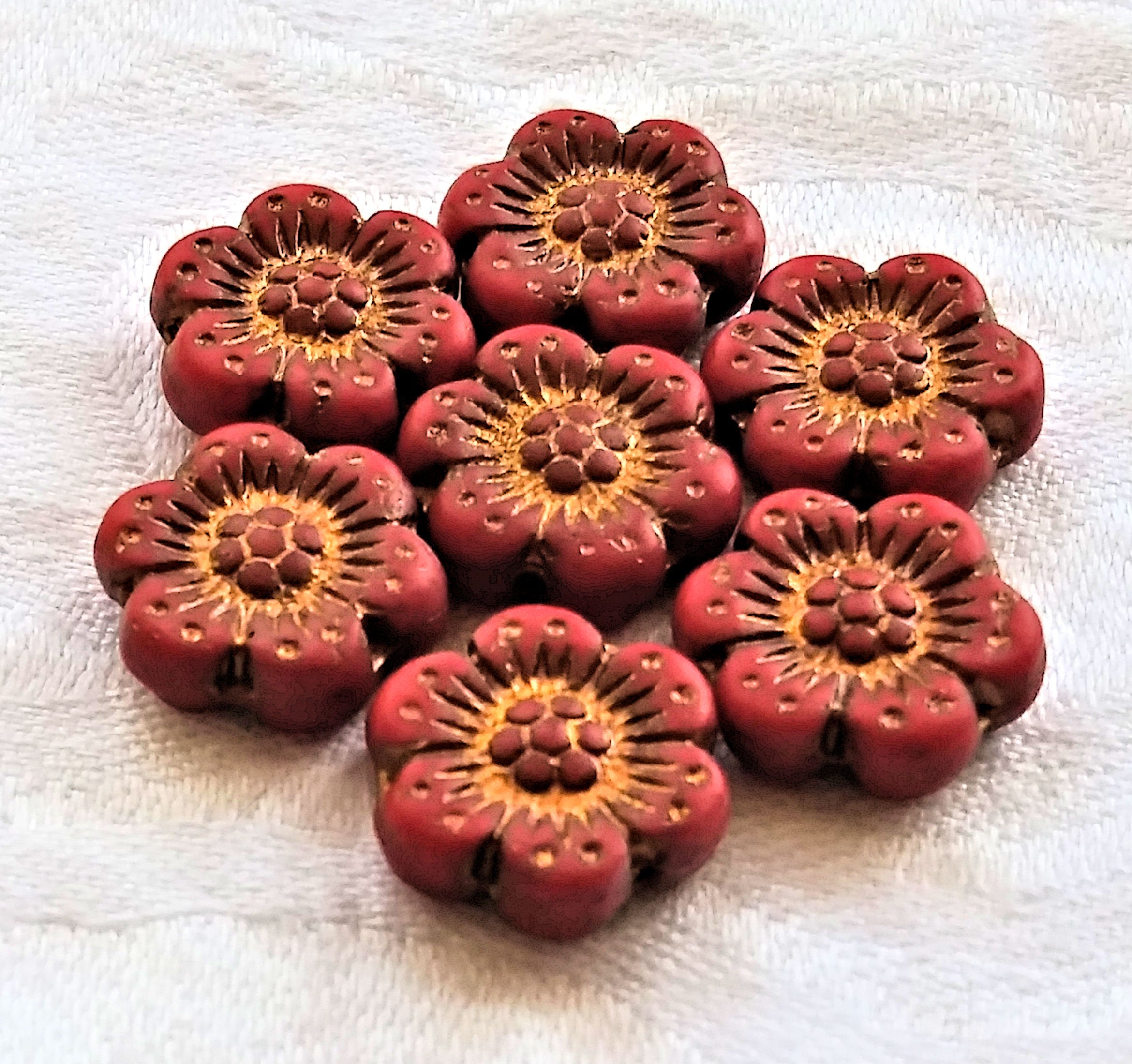 Twelve Czech glass wild rose flower beads - 14mm opaque matte red floral beads with a bronze wash C07105 - Glorious Glass Beads