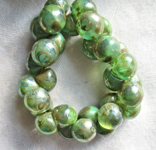 Lot of 30 8 x 9mm Czech glass mushroom or button beads - translucent & opaque mix green w/ picasso finish - pressed glass beads 52130