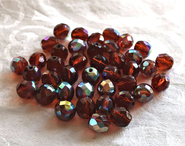 Lot of 25 8mm Czech glass beads, dark brown., Madeira Topaz, AB, faceted round firepolished glass beads C1625 - Glorious Glass Beads