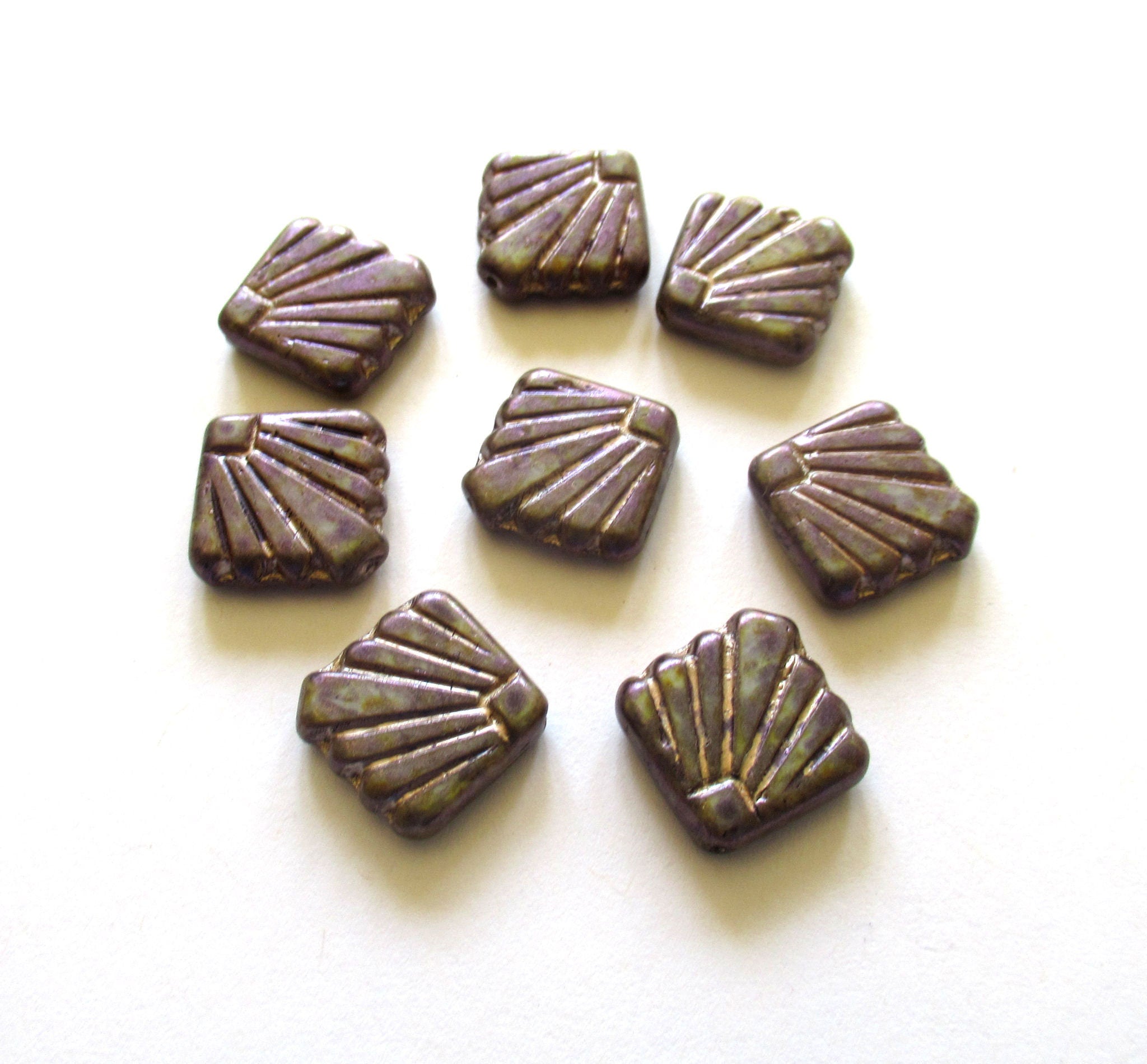 8 Czech glass square fan beads - 17 x 17mm - opaque purple beads with a splotchy rustic finish - C0089