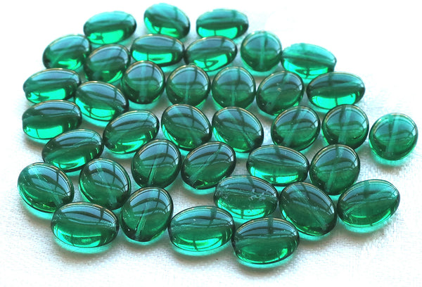 25 Teal Green flat oval Czech Glass beads, 12mm x 9mm pressed glass beads C7425 - Glorious Glass Beads