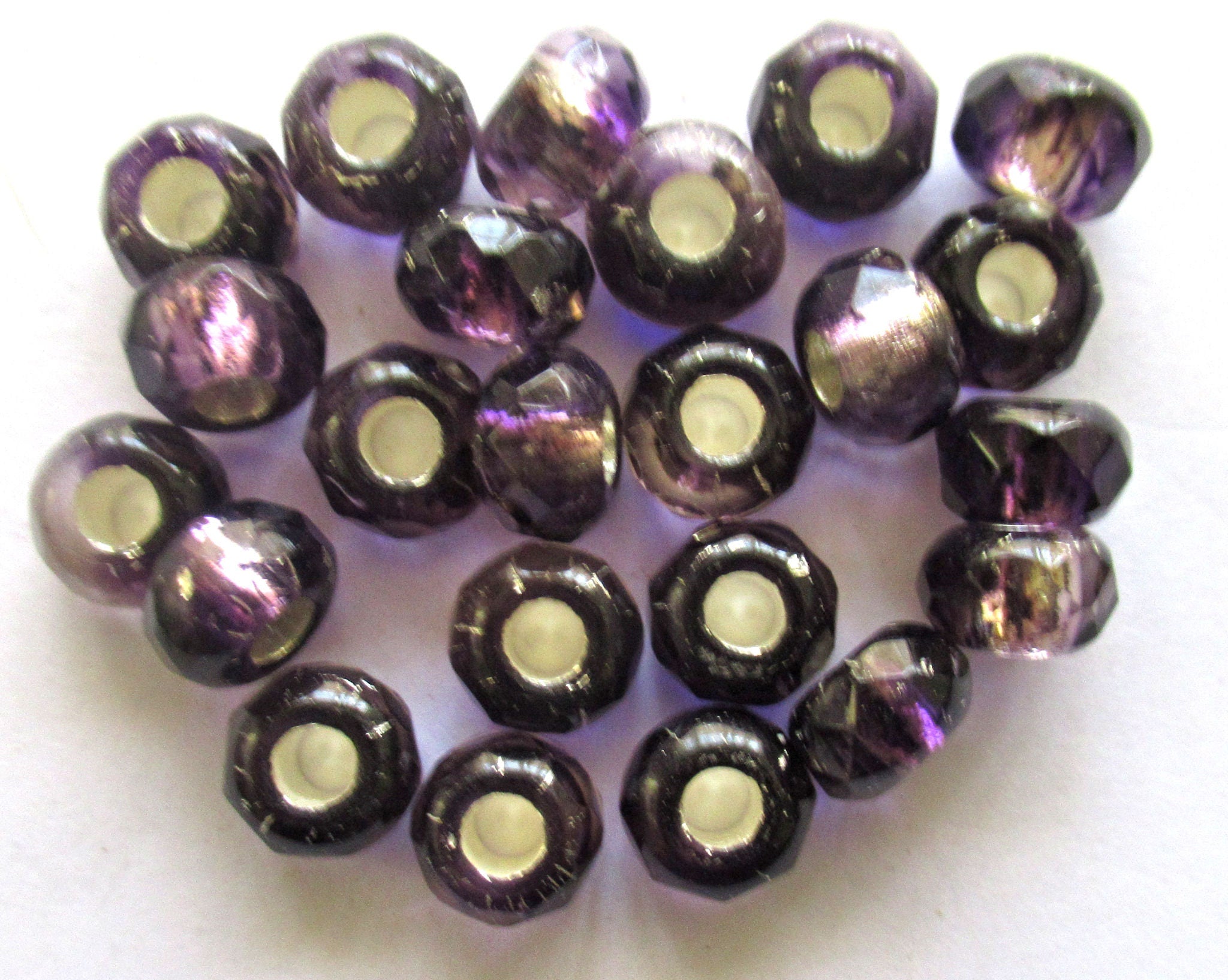 Ten Czech glass roller beads - 6 x 9mm tanzanite purple silver lined, faceted roller, rondelle, big 3.5mm hole beads C00621