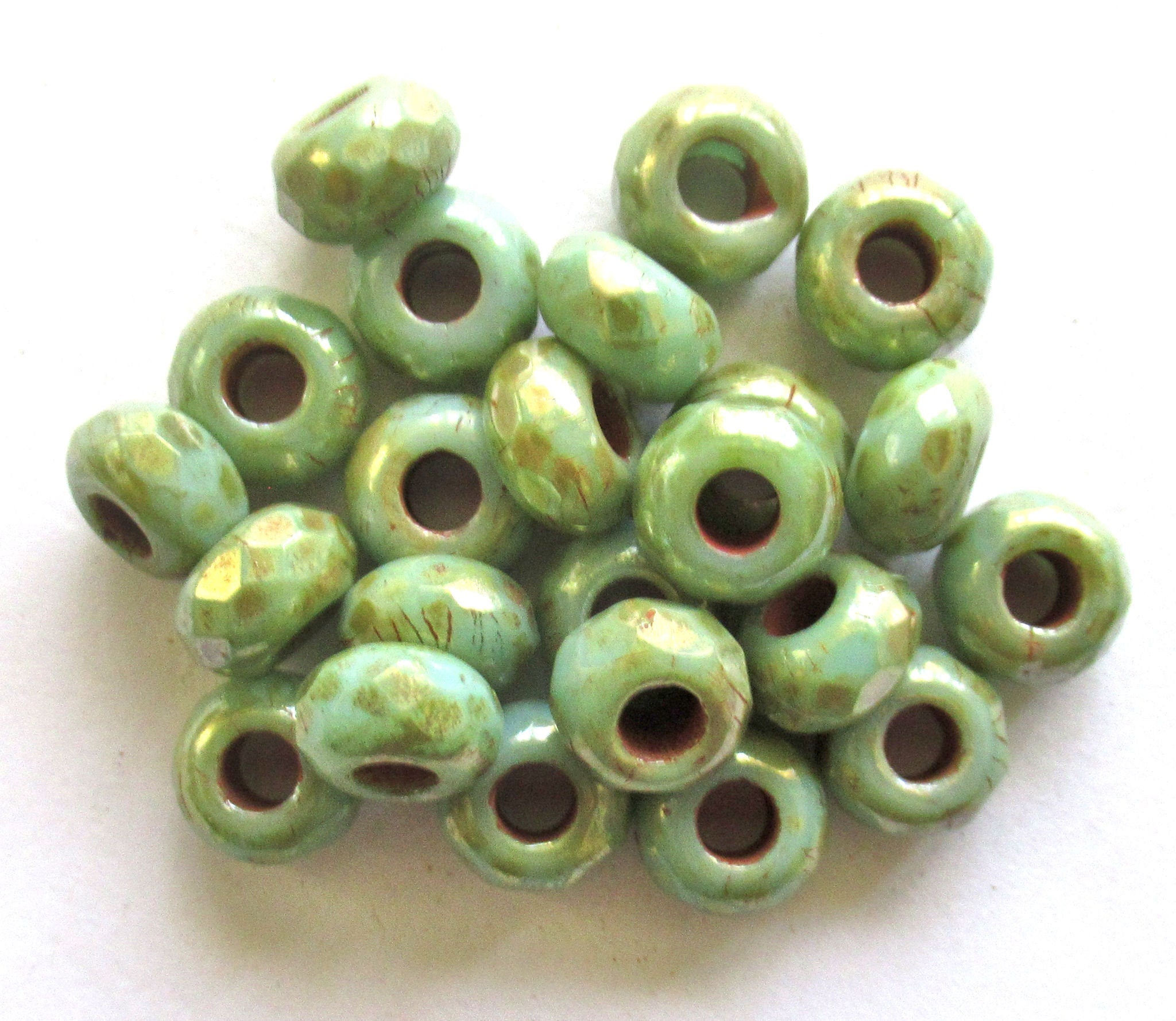 Ten 6 x 9mm turquoise green picasso Czech glass beads, faceted round roller, rondelle beads - big 3.5mm hole beads C0441